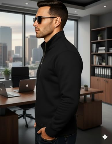 Image of Quarter Zip Pullover Sweatshirt, Classic Long Sleeve Mock Neck, Available in Burgundy, Black, Light Blue