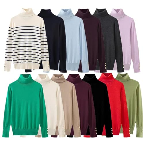 Women's Solid Color Knitted Sweater - Flat Needle Base Stand Up Collar Long Sleeve - Cuff Buckle Decoration2