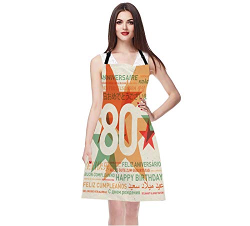 Wondertify Birthday Card Apron,80Th Anniversary Birthday Card Drawn In Different Languages Bib Apron With Adjustable Neck For Men Women,Suitable For Home Kitchen Cooking Waitress Chef Grill Apron #TOP6