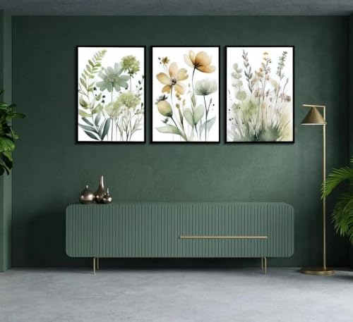 Plantes et fleurs vertes sur toile art mural triptyque haut de gamme