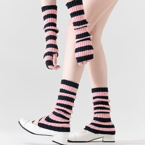 DUNKOING Womens Striped Arm Leg Warmers Set Y2K Knitted Arm Sleeve and Leg Warmer Socks Kawaii Gothic Harajuku for Girls3