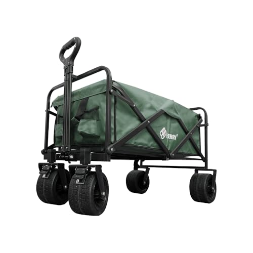 Berry 150KG Capacity Heavy Duty Foldable Utility Wagon - Green Collapsible Cart with Adjustable Handle, All-Terrain Wheels, & Sturdy Frame for Camping, Beach, Shopping