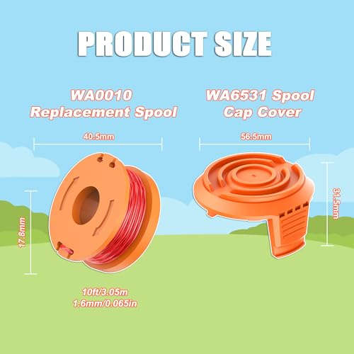 Worx String Trimmer Spool 10FT Compatible with WA0010, Perfect for Worx Weed Eater, 16 Replacement Spool + 4 Spool Cap C