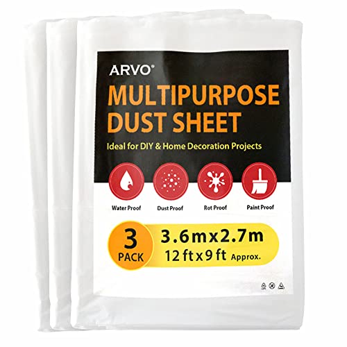 ARVO 3 Pack Extra Large Plastic Dust Sheets for Decorating - 3.6m x 2.75m (12ft x 9ft) Waterproof Polythene for Painting Furniture Floor Protection Ideal with Paint Coveralls