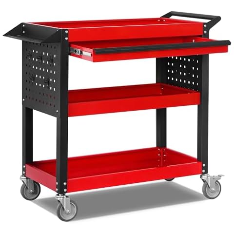 XCX 3 Tier Tool Cart on Wheels, Heavy Duty Metal Rolling Tool Cart with Drawers and Pegboards, 660 LBS Load Capacity Tool Storage Cart, Industrial Utility Tool Cart for Garage, Warehouse, Workshop Cover