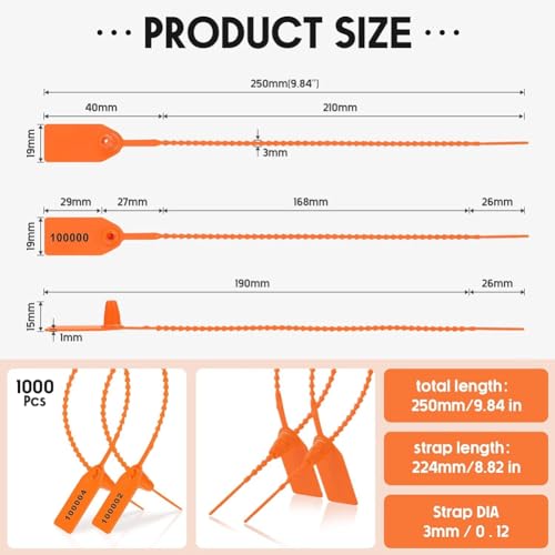 1000 Sceaux de Sécurité Orange Attaches Zippées Numérotées