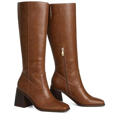 AMINUGAL Knee High Boots for Women Square Toe Chunky Heel Boot Size Zipper Pull on Shoes Wedding Concert Party Wear Long Boots