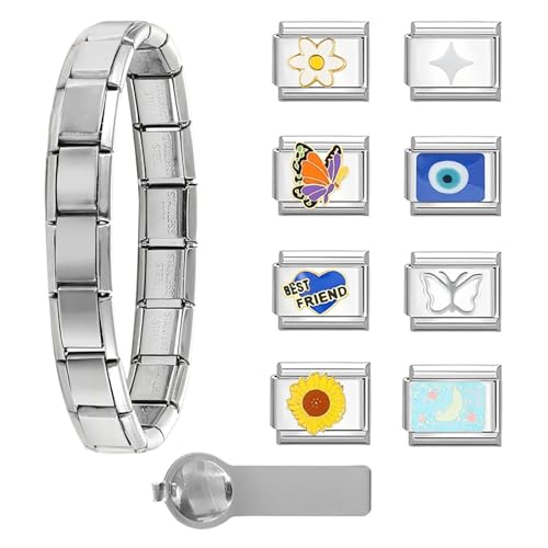 ITingstere Italian Charms Bracelet Sets with Starter Brascelet, Assorted Charms and Opening Tools,9mm Modular Charm Bracelet Link Handmade DIY Jewelry Gifts