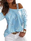 Onsoyours Damen Schulterfrei Langarmshirt Lose Rückenfrei T-Shirts Oversize Tops Oberteile Shirt Rundhals Bluse Schlanke Tops Elegant Blusen C Blau M