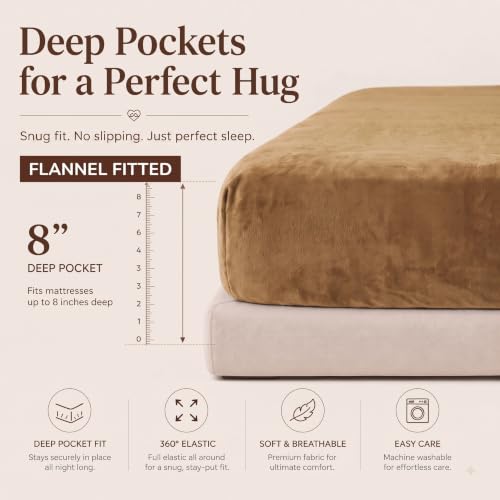 Image of BSB HOME 280 GSM Warm Plush Fitted Bedsheet, Soft Cozy Stretchable Mattress Sheet with Elastic Fitted Corners, Comfortable Winter Bedding for Double Bed, 72 x 78 + 8 Inches(183x198+20 cm) - Warm Camel