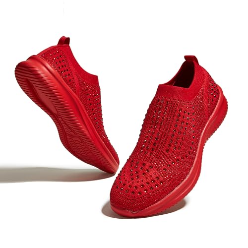 LUCKY STEP Damen-Laufschuhe mit Strass-Mesh zum Hineinschlüpfen, Modisch, Atmungsaktiv, Funkelnde Glitzer-Sneaker (Rot, 7US-37EU-4UK)
