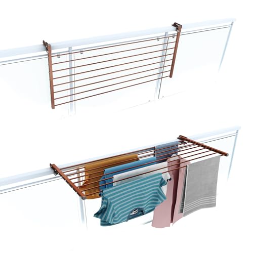 Foxydry Duo Étendoir de balcon pliable d'extérieur, robuste, en acier inoxydable et aluminium, pour balustrade de balcon, terrasse, finition Corten, longueur...
