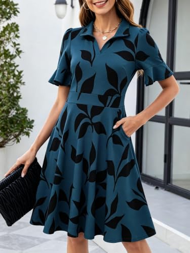 Image of Mokayee Womens Summer Ruffle Sleeve Collared V Neck Fit and Flare Elegant A line Swing Dresses with Pockets