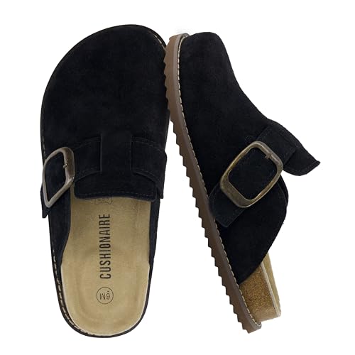 CUSHIONAIRE Women's Blain Genuine Suede Slip-On Clogs with + Memory Foam & Chic Buckle Mule - Comfortable, Non-Slip, Wide Widths Available