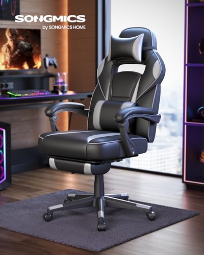 Sedia da Ufficio, Poltrona Racing Ergonomica, Poggiapiedi Telescopico, Schienale Inclinabile, Poggiatesta e Supporto Lombare, Portante di 150 kg, Nero Inchiostro e Grigio Tortora OBG073B03 - Sedia gaming - Immagine 1