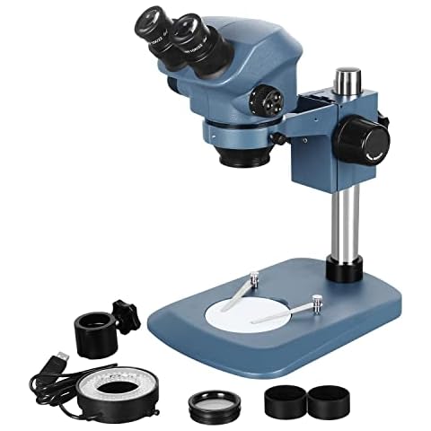 HengTianMei ZS7050 Profesional Binocular Stereo Microscope, WF10x/22 Eyepieces, 7X-50X Magnification, 0.7X-5X Objective, 72 LED Ring Light Illuminator, Adjustable Zoom and Focus Knobs Cover