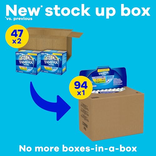 Image of Tampax Pearl Tampons for Women Multipack, with LeakGuard Braid, Light /Regular /Super Absorbency, Unscented, 94 Count (2 Packs of 47) (Packaging May Vary)