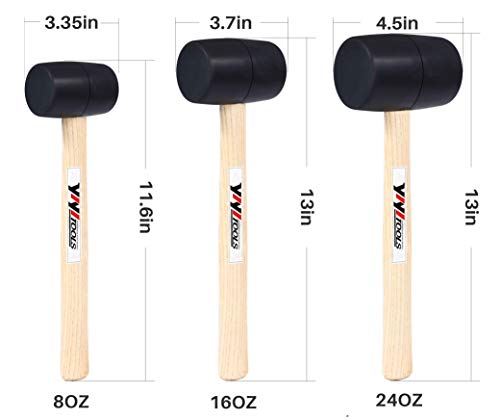 YIYITOOLS Rubber Mallet Set With Wood Handle,3 Piece/8oz,16oz & 24oz,Black,Lightweight and Durable Double-Faced Solid Rubber Head, Hammer Rubber Hammer Wooden Mallet (YY-2-007)