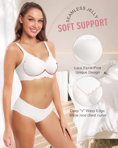 HORISUN Bras for Women No Underwire V Neck Scalloped Wireless Bralettes with Soft Support Comfort Full Coverage Seamless Bra (White,L) - Image 3