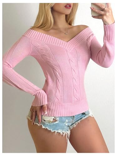 Image of MakeMeChic Women's V Neck Cable Knit Sweater Long Sleeve Knit Slim Fitted Y2K Tops Shirts Pink Medium