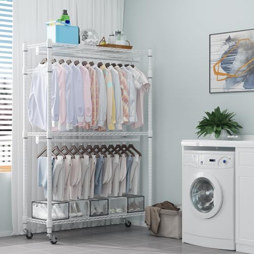 Image of Homdox 3 Tier Heavy Duty Garment Rack with Wheels, Adjustable Wire Clothes Rack with Double Hanging Rods, Portable Closets for Hanging Clothes with Side Hooks, White