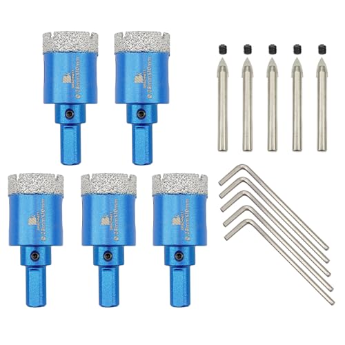 Dry Diamond Core Drill Bit with Pilot Bit - 1 1/8" inch Diamond Tile Hole Saw with Triangle Shank for Porcelain Tile Ceramic Stone Granite Marble(5pcs)