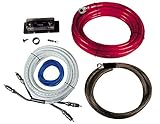 High End Verstärker Kabelkit bis 2000 Watt; 1 x 35 mm² Stromkabel (rot), 5 m; 1 x 35 mm² Massekabel (rauchgrau), 1 m; 1 x Verdrilltes RCA Stereokabel (transparent silber), 3-fach abgeschirmt, richtungsgebunden, Metallstecker, 5 m; 1 x 0,5 mm² Steuerleitung, 5 m; 1 x Mini-ANL-Sicherungshalter mit 150 A ANL-Sicherung; Installationszubehör
