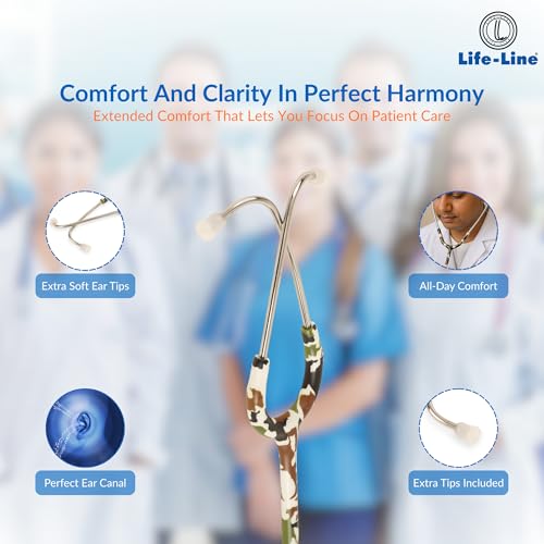 Image of LIFE LINE 'RANGER II SS' Stethoscope (Green Camo and Stainless Steel) | Dual Side Diaphragm Chest Piece for Adult and Pediatric | Suitable for Doctors and Students