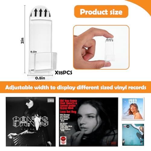 Vodolo Vinyl Record Wall Mount,18 PCS Acrylic Vinyl Record Holder Self Adhesive Clear Vinyl Display Shelf No Drill Vinyl Storage Shelves for Album Covers Display and Home Wall Decoration