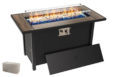 45 inch Gas Fire Pit Table, Patio Outdoor Propane Fire Pits with Removable Lid & Waterproof Cover, 50000 BTU with Lava Rock and Alumium Frame Tables for Patio Garden(Black)