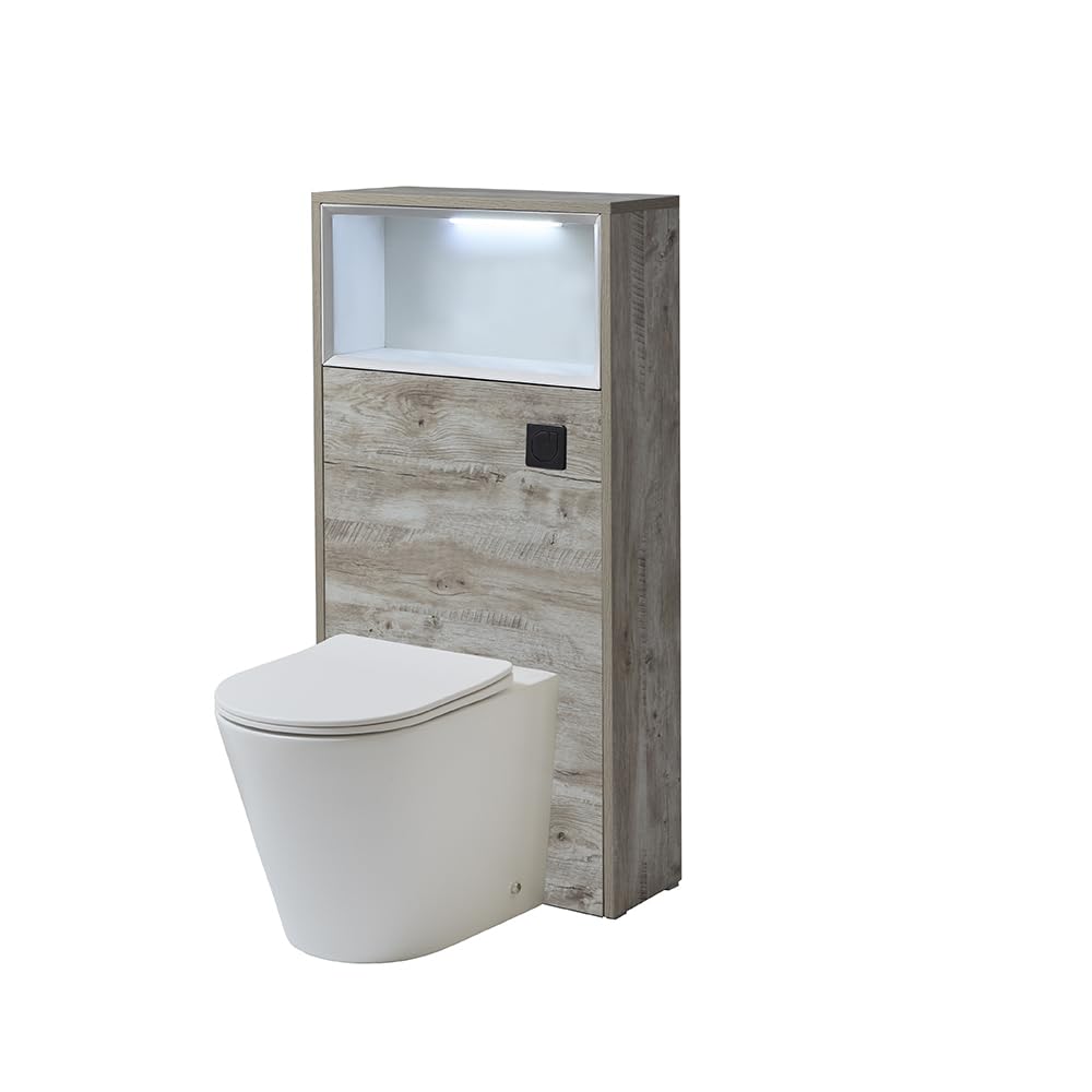 Milano Light Oak Unit / Black Flush 600Mm Light Oak Wc Unit Led Lit Shelf Chalk Toilet