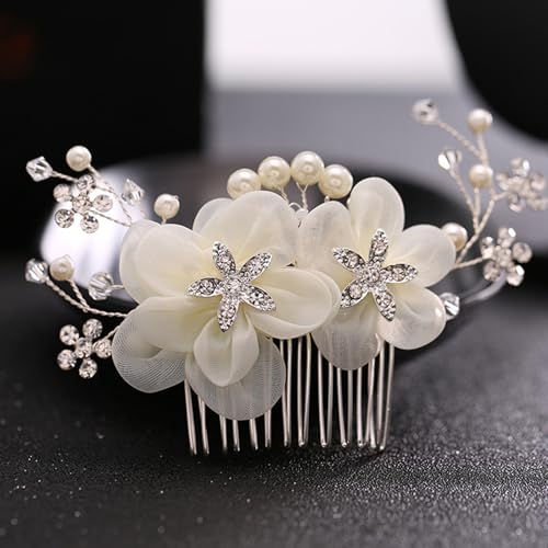 LOHGOU Wedding Party Flower Pearl Hair Comb for Women Girls, Floral Rhinestone Bridal Side Combs Wedding Hair Pin Hairpieces (White)