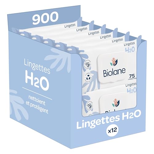 BIOLANE - Lingettes bébé à l'eau - 900 Lingettes - Lot de 12x75 - Nettoyage doux et efficace - Sans Rinçage - Dès la naissance
