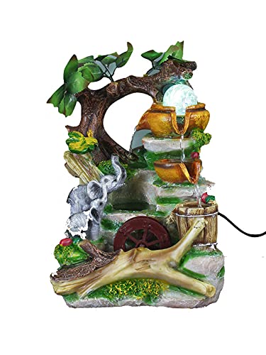 CHRONIKLE Polyresin Adorable Table Top Indoor Jungle Theme 2 Steps Waterfall Fountain for Home Decor with Multicolor LED, Speed Controller Pump & Rotating Ball (Size: 32 x 24 x 19CM | Color: Multi)