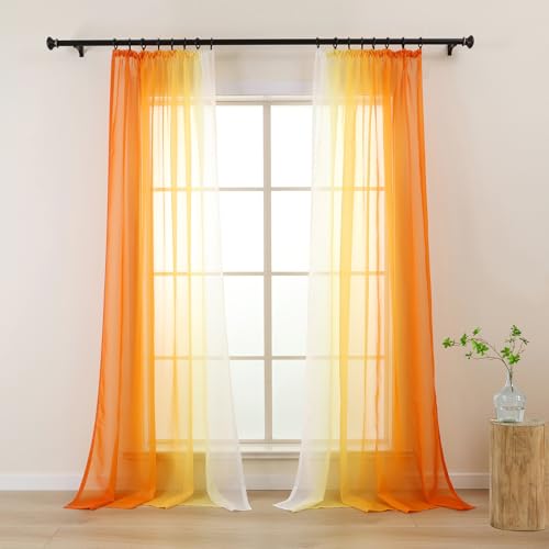 L.Z.E Grand Rideau dégradé 245 cm - Lot de 2 voilages Orange/Blanc à Ruban froncé - Décoration fenêtre Enfant (LZE2220T-OR245)