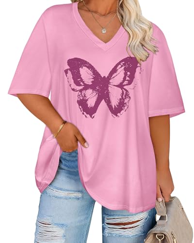 rosemia Plus Size Graphic Tees for Women Oversized Tshirts Casual V Neck Short Sleeves Tops 2026, Pink Butterfly, 4X-Large