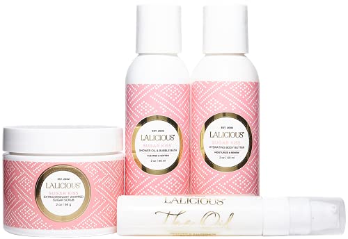Lalicious Sugar Kiss Travel Set - Whipped Sugar Scrub, Shower Gel/Bubble Bath, Body Butter & Body Oil In A Luxe Velour Makeup Bag (4 Piece Kit) #TOP2