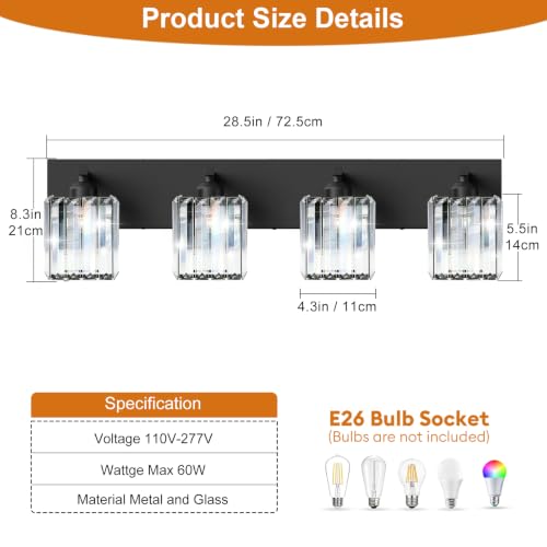 Image of Black Crystal Bathroom Vanity Light, 4-Light Modern Bathroom Lighting Fixtures Over Mirror, Matte Black Wall Sconce Light Fixtures with Square Shade