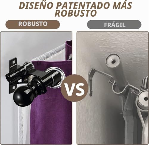 Miniatura 3 de Barras De Cortina Doble, 76-332cm Barra De Cortina Extensible 2,54 Cm, Con Terminales Redondos Con Soportes, Barra De Cortina De Acero Inoxidable Decorativa Ajustable Para Sala De Estar Negro