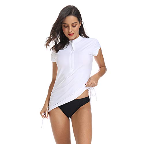 Abalagu Women's Uv Sun Protection Half Zipper Short Sleeve Rash Guard Swim Shirt Rashguard Swimsuit Top (White, M) #TOP3