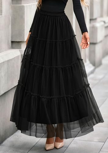 PRETTYGARDEN Tulle Skirts for Women 2025 Fall Fashion Elastic High Waisted Tiered Flowy A-Line Casual Maxi Long Skirt4