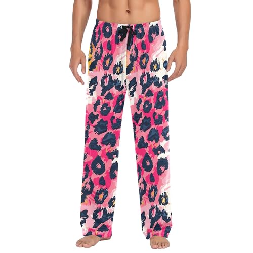 Men's Pajama Bottom Leopard Design Cotton Pajama Pants Drawstring Sleepwear Long Pants Pockets