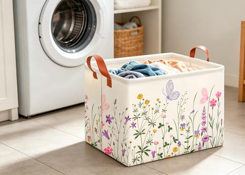 Image of CLOCOR Rectangular Storage Basket Empty,Gift Basket,Waterproof Storage Bin with Handles,Room Decor(Flower)