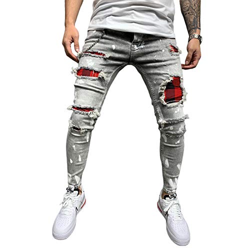 Mens Stacked Jeans Slim Ripped Jeans Destroyed Hole Straight Denim Pants Harajuku Hip Hop Trouser Streetwear