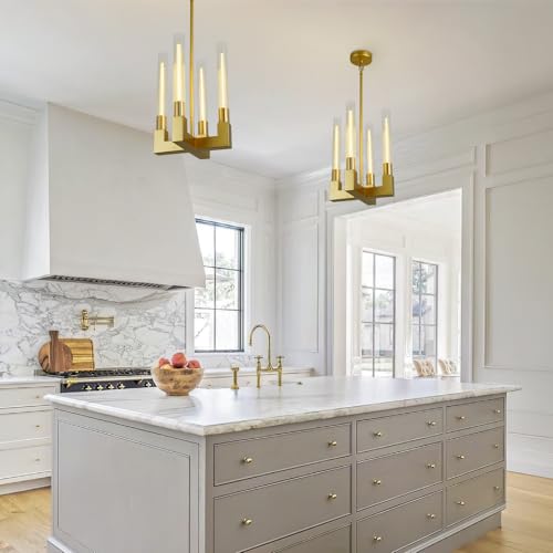 4-Light Chandelier,Glass Tube Brass Pendant Lights Kitchen Island,Modern Farmhouse Pendant Light,Gold Kitchen Pendant Lighting Over Island,Indoor Chandeliers for Dining Room,Bedroom,Entryway