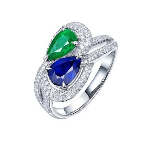 Homxi Anillos Alianza de Oro Blanco Mujer 18 K, Gota de Agua con Zafiro de 1,29ct y Esmeralda de 0,86ct y Diamante, Anillos de Eternidad Plata Azul Verde Mujer, Tamaño 9(49mm)