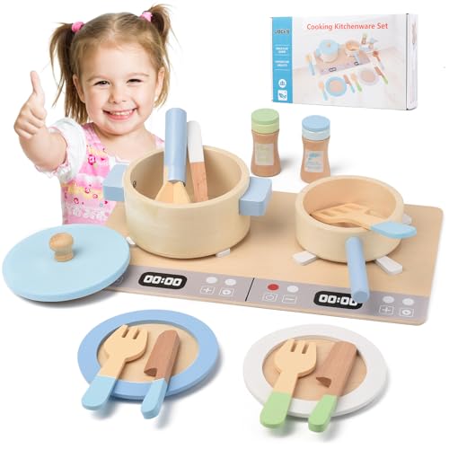 QCXWCJWD Wooden Kitchen Toys for Kids Children's Cookware Pots and Pans Set Kitchen Cooking Accessories Kit Kitchen Pretend Play Food Toys with Cooking Stove for Boys Girls 3 4 5 6 Years