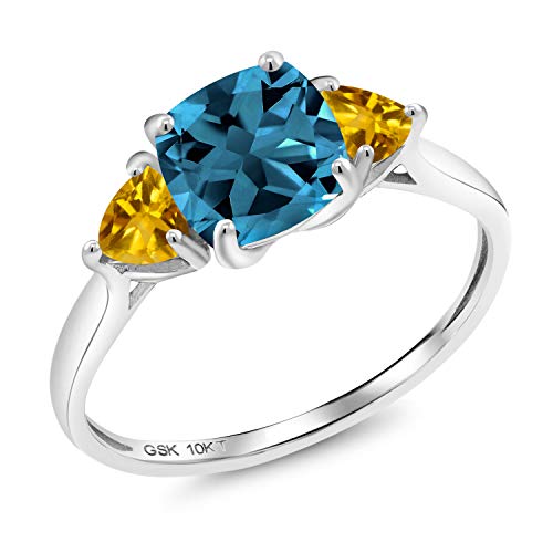 Gem Stone King 10K White Gold London Blue Topaz and Yellow Citrine Women Engagement Ring (2.25 Cttw, Cushion Gemstone Birthstone, Available In Size 5, 6, 7, 8, 9)