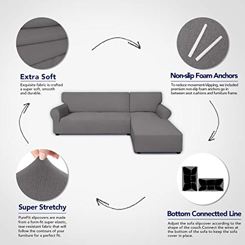 Purefit Super Stretch Sectional Couch Covers - 2 Pcs Spandex Non Slip Sofa Covers With Elastic Bottom For L Shape Sectional Sofa Couch, Great For Kids & Pets (3 Seat Sofa + 3 Seat Chaise, Light Gray) #TOP2