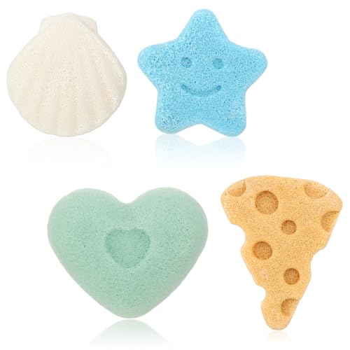 Image of Ptwola 4 Pcs Bath Sponges, Natural Soft Cute Shapes Safe Foam Loofah Plant-Based Lots of Lather Stars Cheese Shape Heart Large Size Shower Body Sponges for Oily Dry Combination Skin Bathing